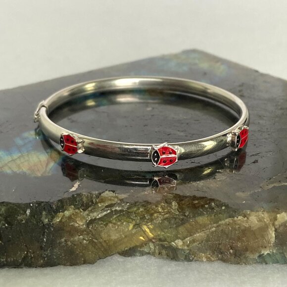 Sterling Silver 925 Youth XS Women Enamel Ladybug Oval Bangle Bracelet Sz 5.75" - Picture 1 of 16